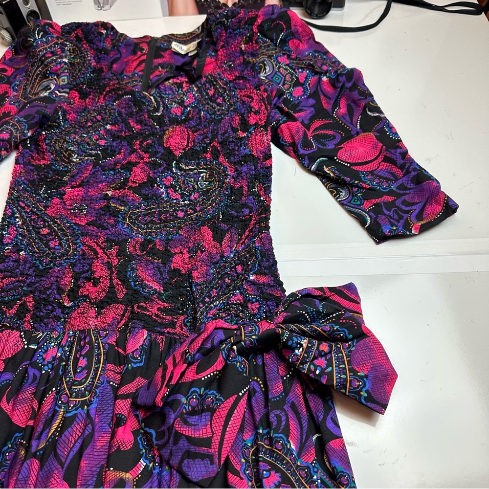 Vintage 1990s Paisley Drop Waist Midi Dress Purple Pink Bow Detail Boho - Picture 5 of 12